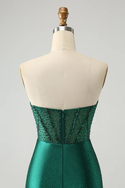 Amzcw Classy Sparkly Dark Green Tight Strapless Short Homecoming Dress with Beading
