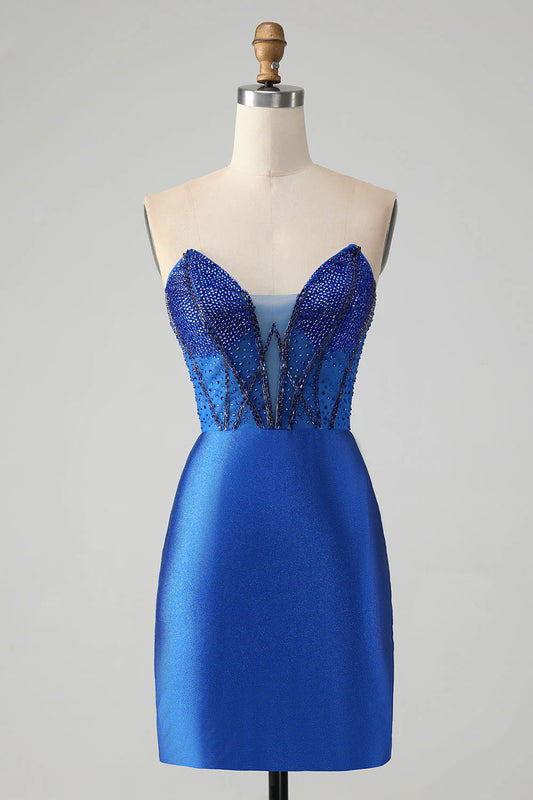 Amzcw Classy Sparkly Royal Blue Tight Strapless Short Homecoming Dress with Beading
