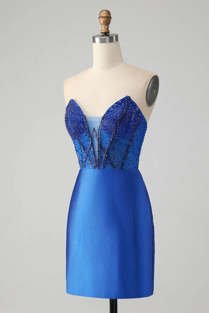 Amzcw Classy Sparkly Royal Blue Tight Strapless Short Homecoming Dress with Beading