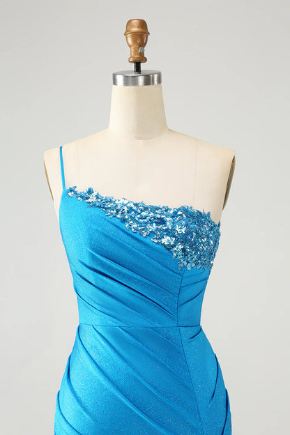 Amzcw Sparkly Blue Bodycon One Shoulder Pleated Short Homecoming Dress with Sequins
