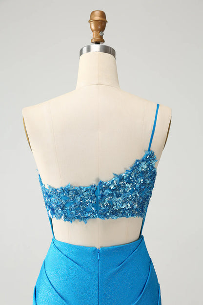 Amzcw Sparkly Blue Bodycon One Shoulder Pleated Short Homecoming Dress with Sequins