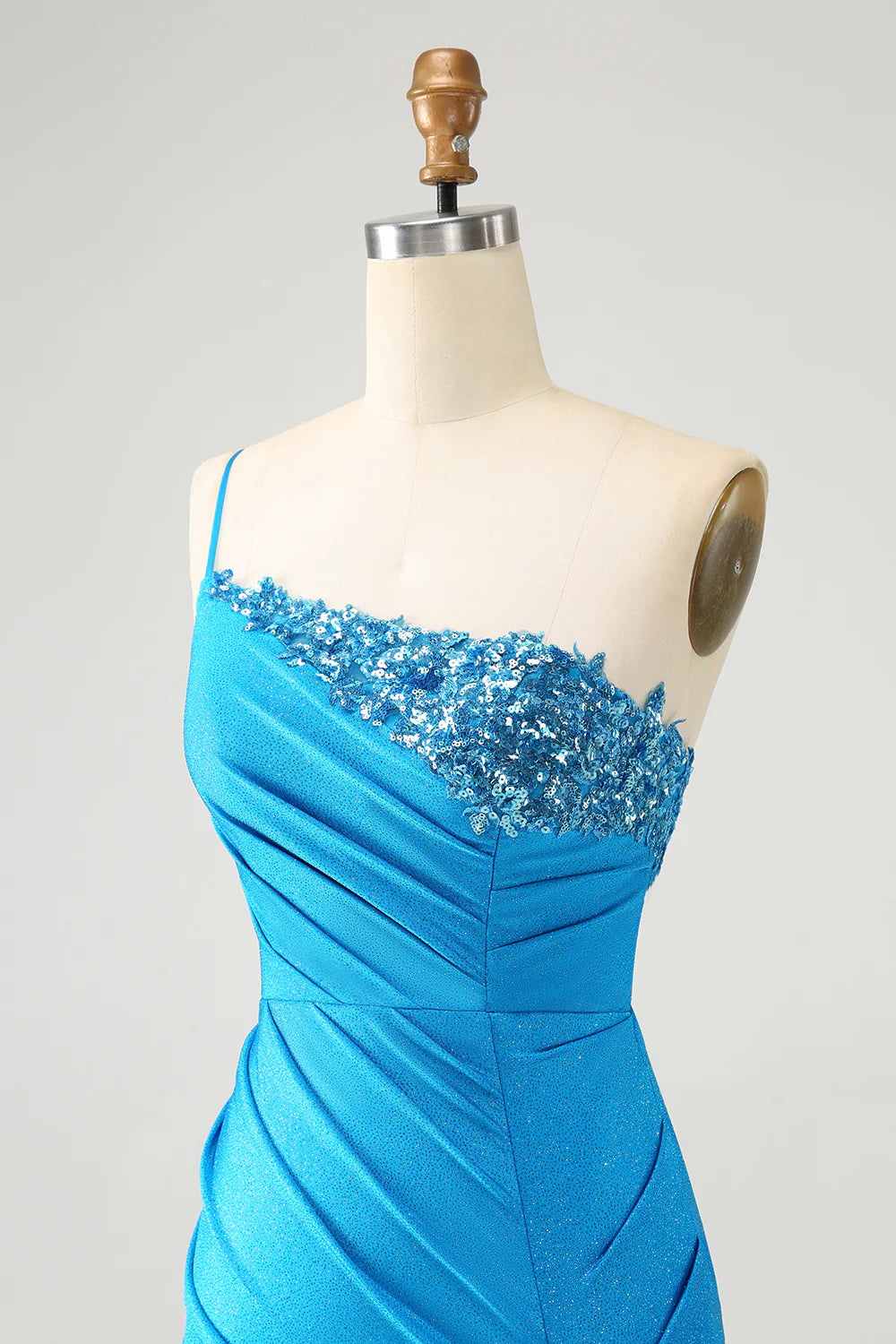 Amzcw Sparkly Blue Bodycon One Shoulder Pleated Short Homecoming Dress with Sequins