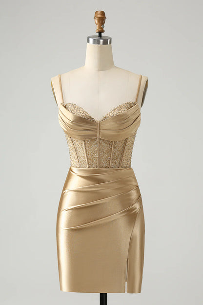 Amzcw Classy Gold Bodycon Corset Short Homecoming Dress with Lace Up Back