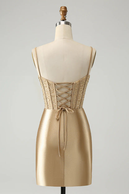 Amzcw Classy Gold Bodycon Corset Short Homecoming Dress with Lace Up Back