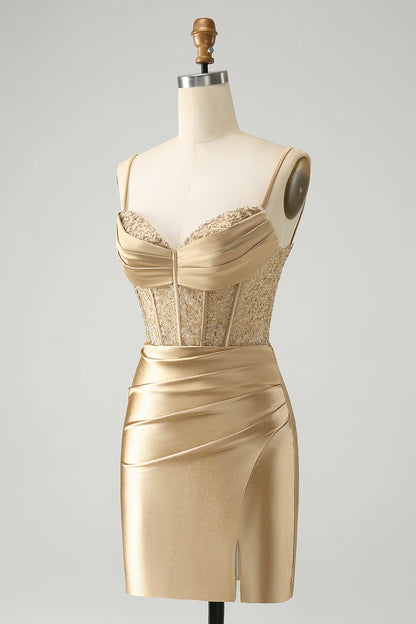 Amzcw Classy Gold Bodycon Corset Short Homecoming Dress with Lace Up Back