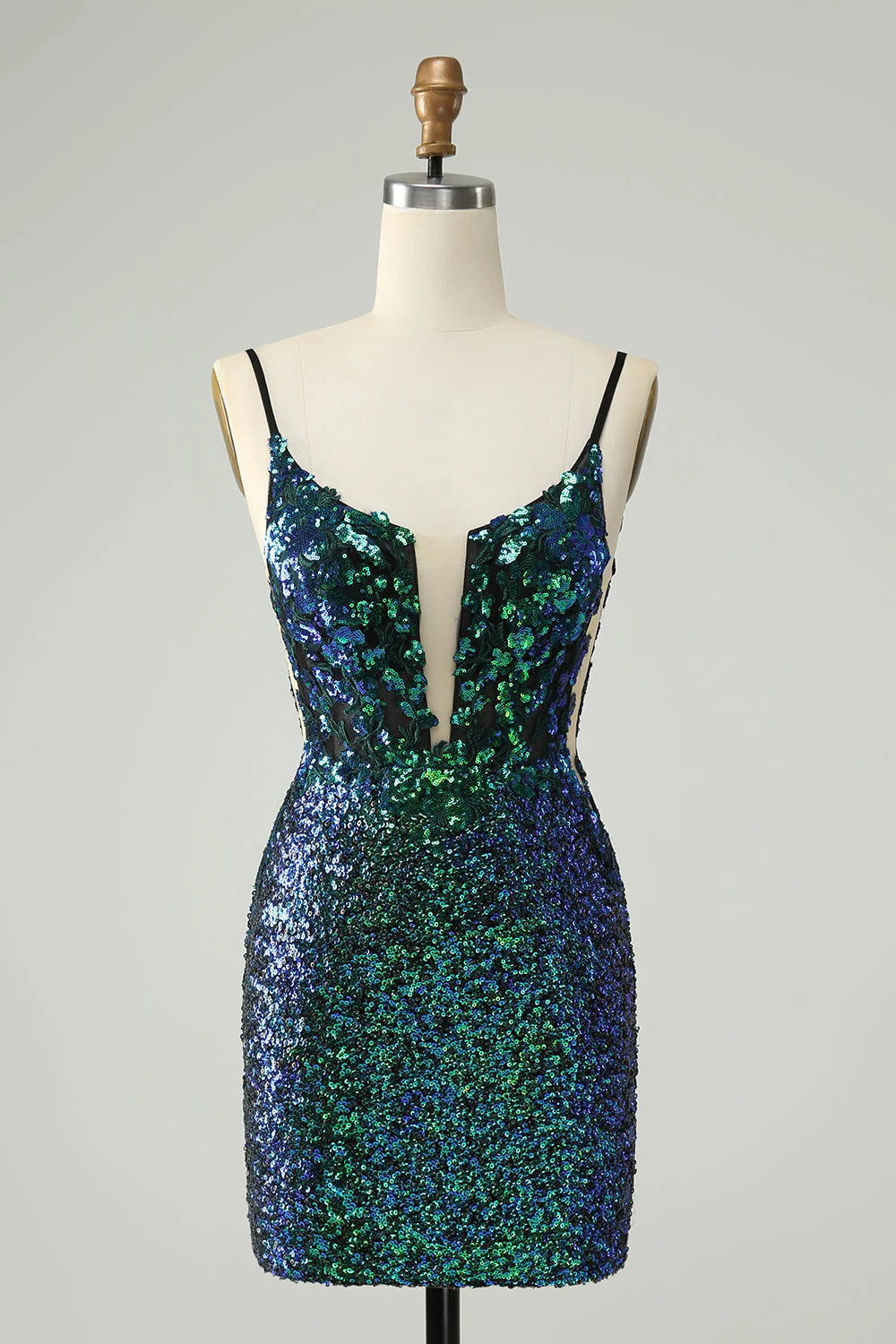 Amzcw Sparkly Dark Green Spaghetti Straps Tight Homecoming Dress with Sequins
