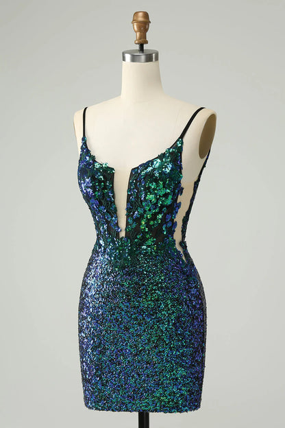 Amzcw Sparkly Dark Green Spaghetti Straps Tight Homecoming Dress with Sequins
