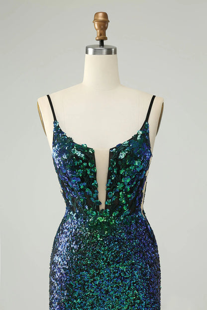 Amzcw Sparkly Dark Green Spaghetti Straps Tight Homecoming Dress with Sequins
