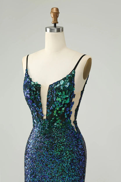 Amzcw Sparkly Dark Green Spaghetti Straps Tight Homecoming Dress with Sequins