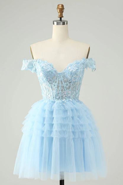 Amzcw Light Blue A Line Off The Shoulder Corset Short Homecoming Dress with Sequins
