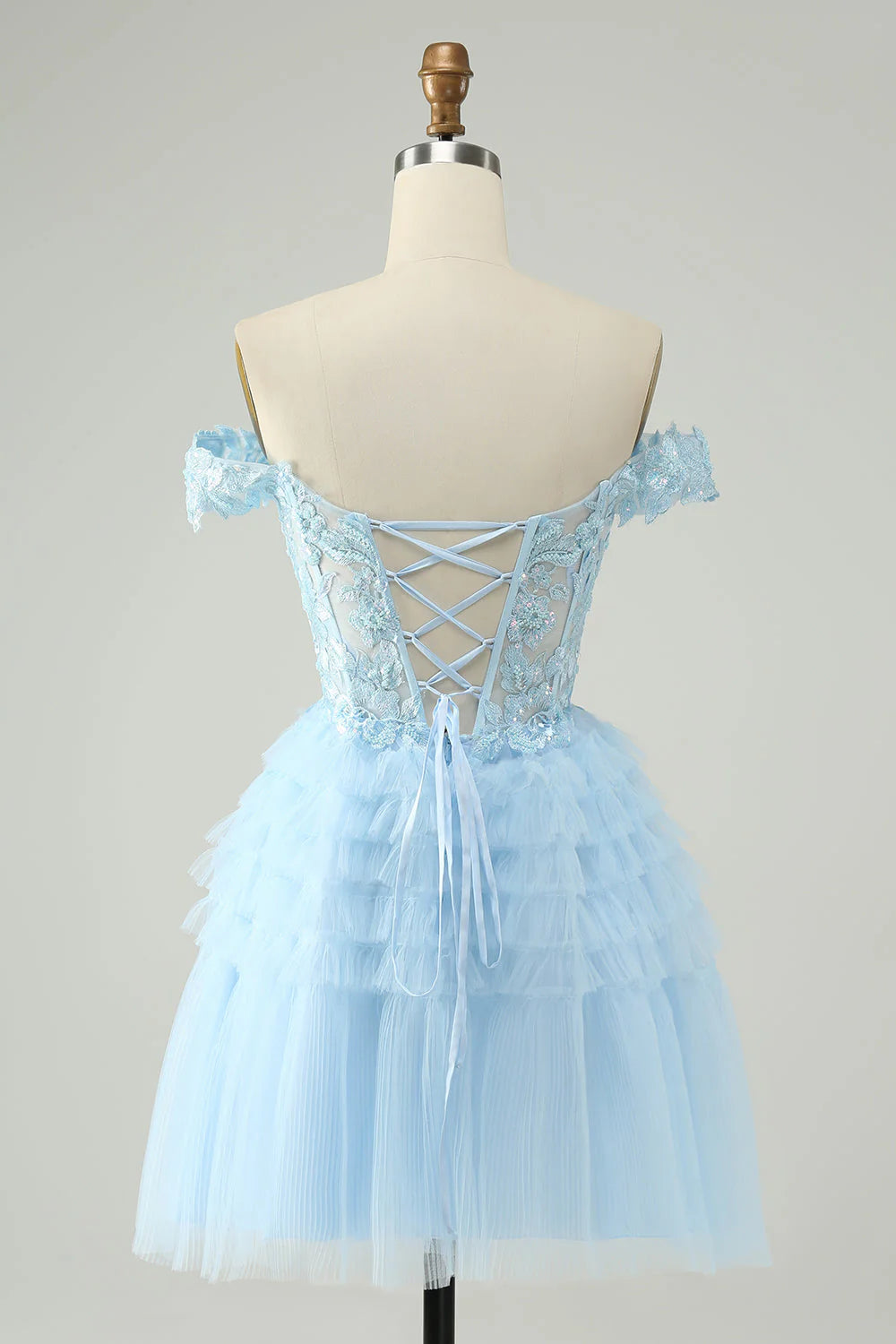 Amzcw Light Blue A Line Off The Shoulder Corset Short Homecoming Dress with Sequins