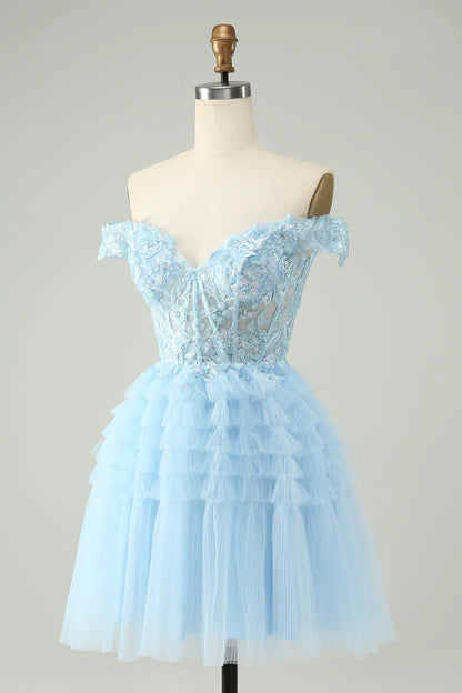 Amzcw Light Blue A Line Off The Shoulder Corset Short Homecoming Dress with Sequins