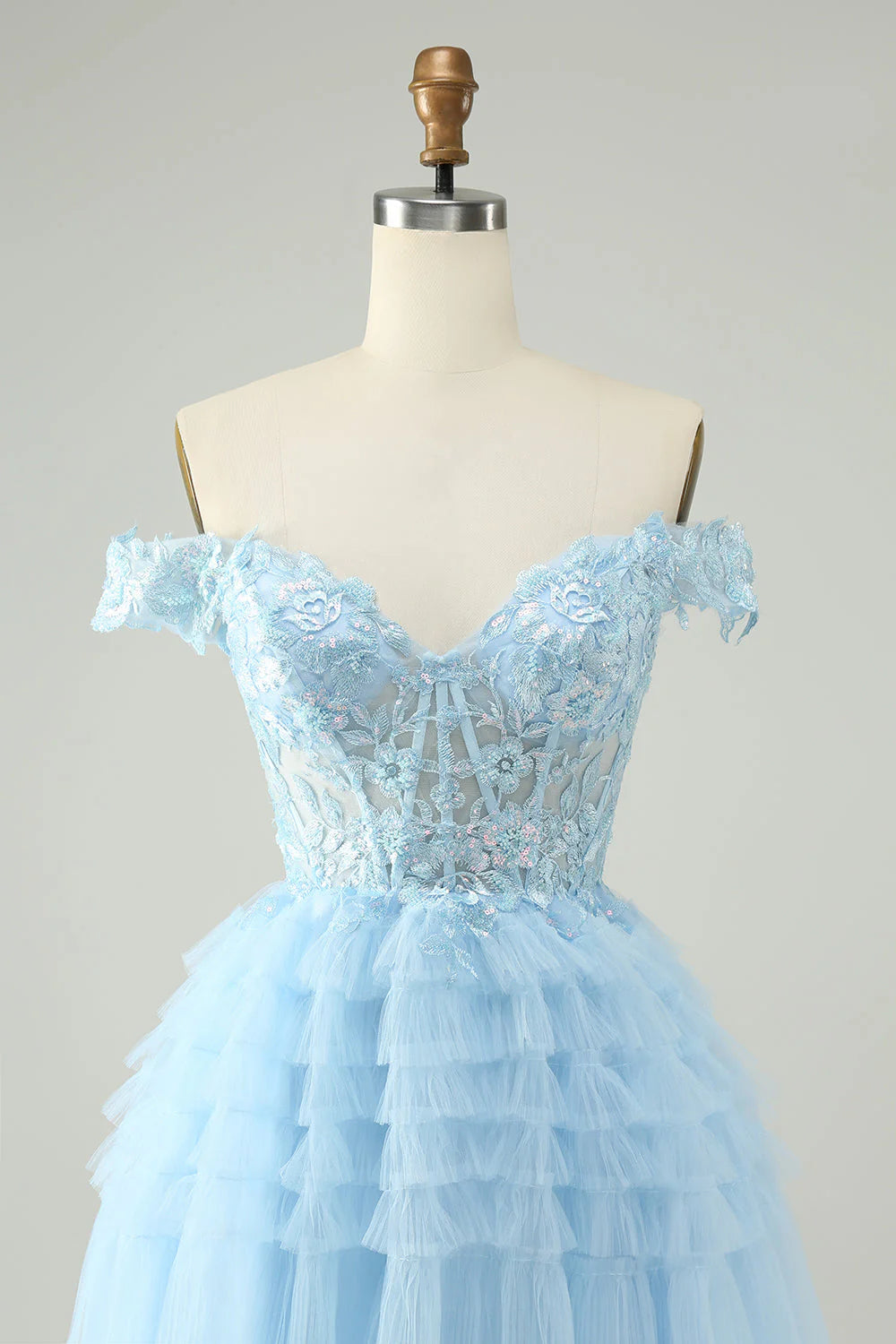 Amzcw Light Blue A Line Off The Shoulder Corset Short Homecoming Dress with Sequins