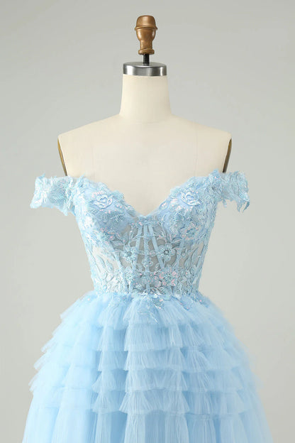 Amzcw Light Blue A Line Off The Shoulder Corset Short Homecoming Dress with Sequins