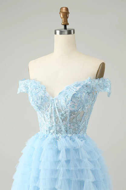 Amzcw Light Blue A Line Off The Shoulder Corset Short Homecoming Dress with Sequins