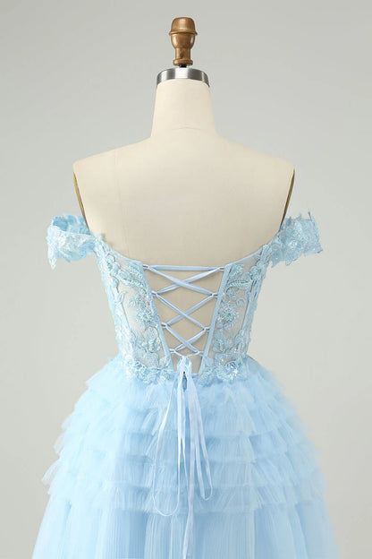 Amzcw Light Blue A Line Off The Shoulder Corset Short Homecoming Dress with Sequins