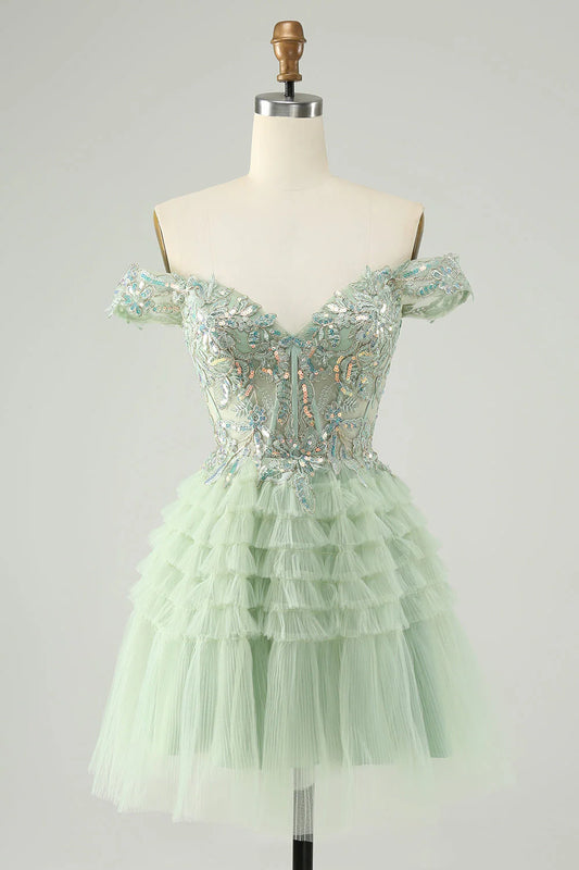 Amzcw Sparkly Light Green A Line Off The Shoulder Corset Tulle Homecoming Dress with Sequins