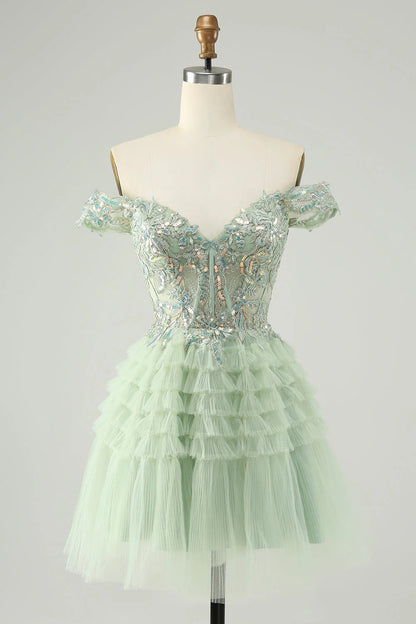 Amzcw Sparkly Light Green A Line Off The Shoulder Corset Tulle Homecoming Dress with Sequins