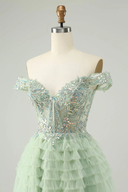 Amzcw Sparkly Light Green A Line Off The Shoulder Corset Tulle Homecoming Dress with Sequins