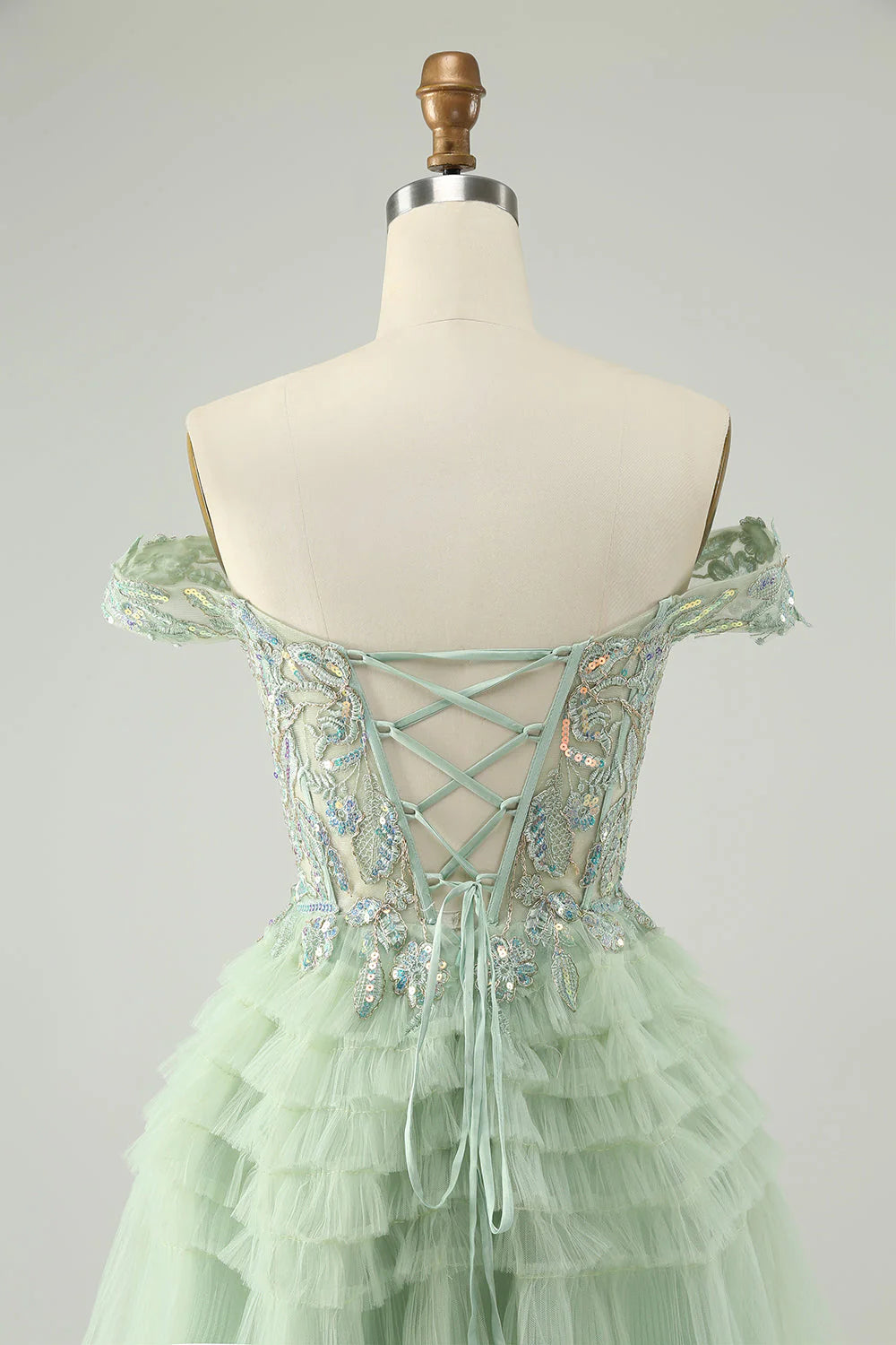 Amzcw Sparkly Light Green A Line Off The Shoulder Corset Tulle Homecoming Dress with Sequins