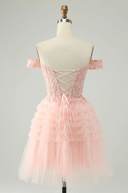 Amzcw Blush A Line Off The Shoulder Corset Short Tulle Homecoming Dress