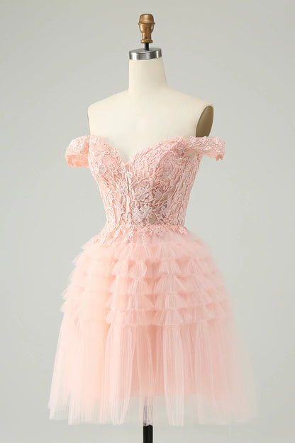 Amzcw Blush A Line Off The Shoulder Corset Short Tulle Homecoming Dress