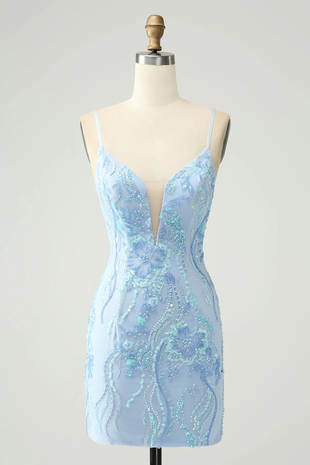 Amzcw Light Blue Spaghetti Straps Short Tight Homecoming Dress with Sequins