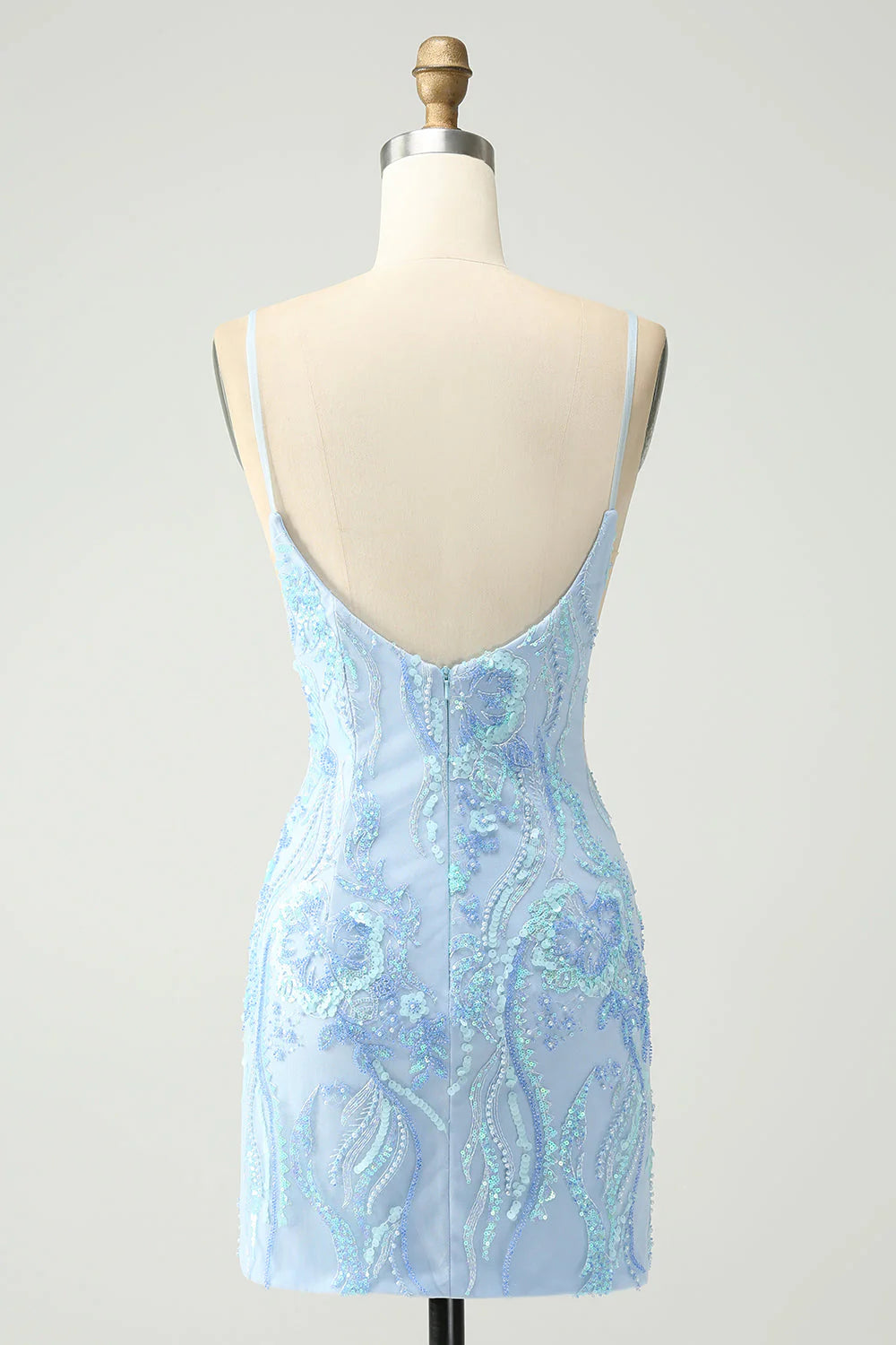 Amzcw Light Blue Spaghetti Straps Short Tight Homecoming Dress with Sequins