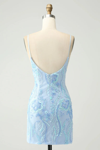 Amzcw Light Blue Spaghetti Straps Short Tight Homecoming Dress with Sequins
