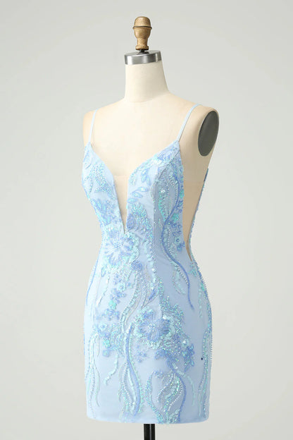 Amzcw Light Blue Spaghetti Straps Short Tight Homecoming Dress with Sequins