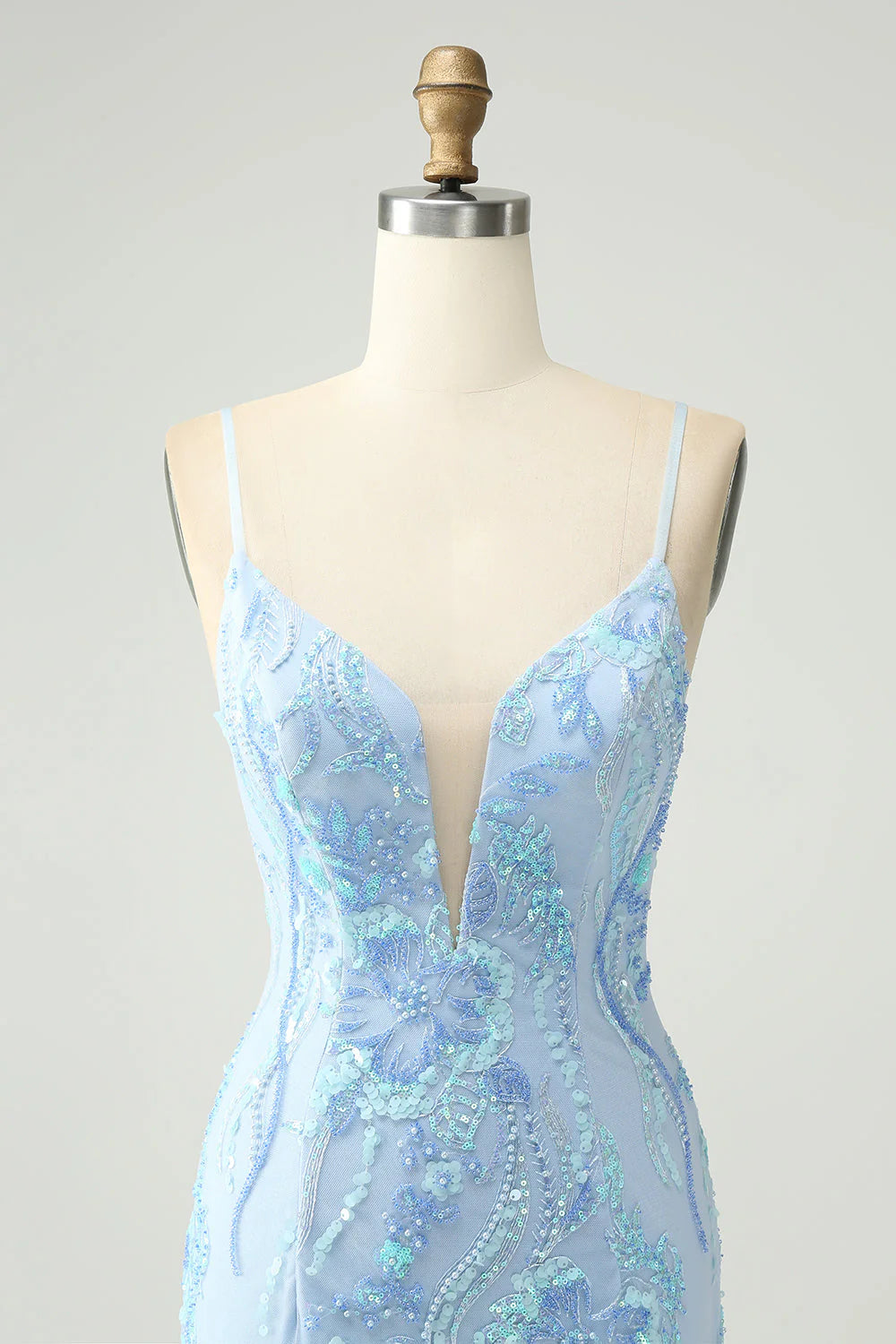 Amzcw Light Blue Spaghetti Straps Short Tight Homecoming Dress with Sequins