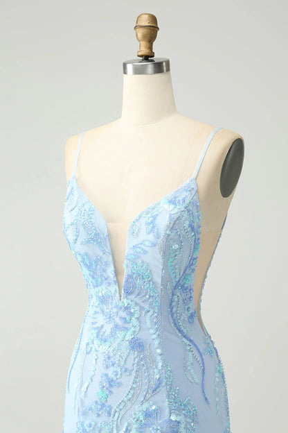 Amzcw Light Blue Spaghetti Straps Short Tight Homecoming Dress with Sequins