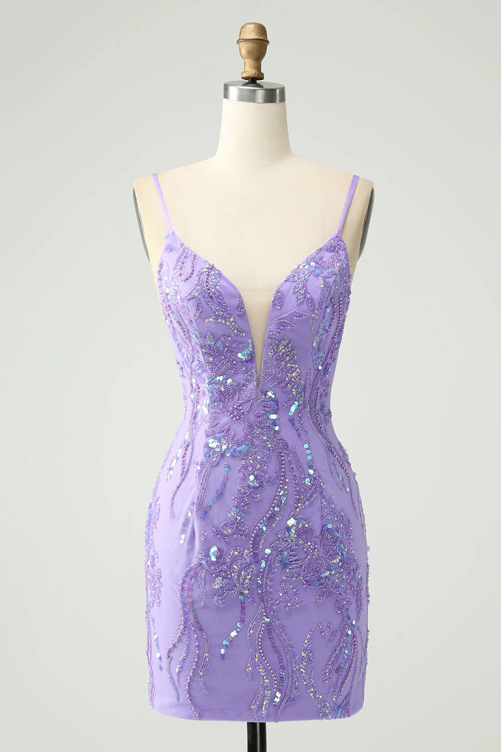 Amzcw Sparkly Purple Tight Spaghetti Straps Short Homecoming Dress with Sequins