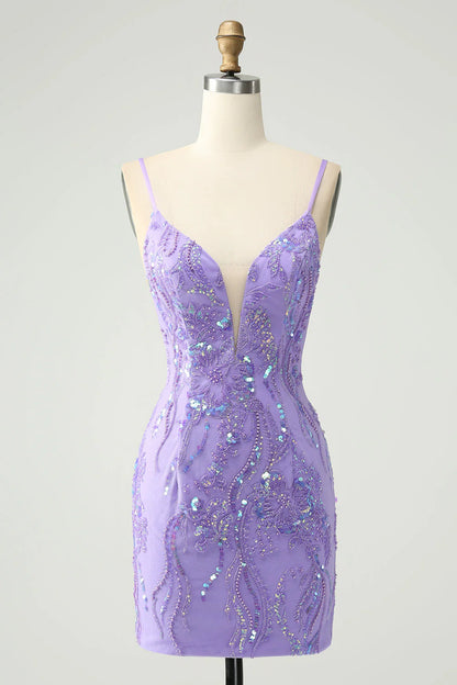 Amzcw Sparkly Purple Tight Spaghetti Straps Short Homecoming Dress with Sequins