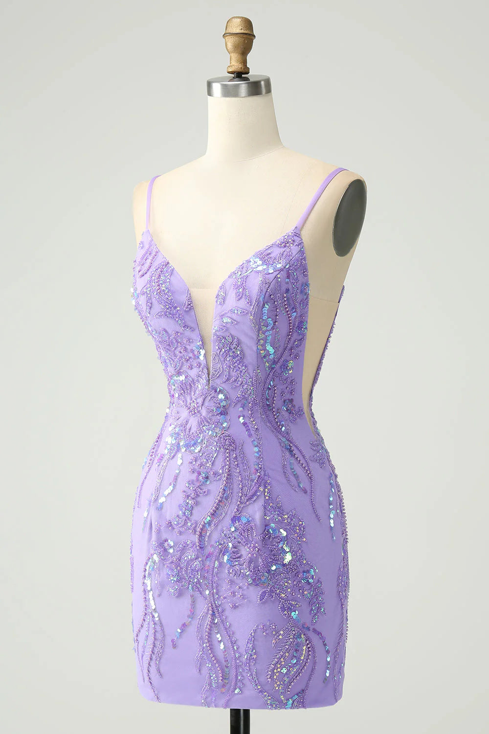 Amzcw Sparkly Purple Tight Spaghetti Straps Short Homecoming Dress with Sequins
