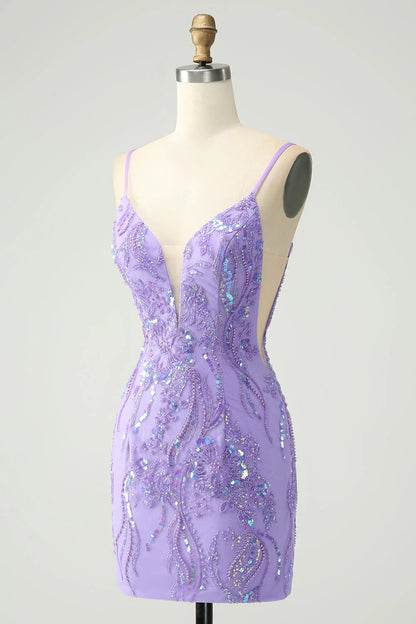 Amzcw Sparkly Purple Tight Spaghetti Straps Short Homecoming Dress with Sequins
