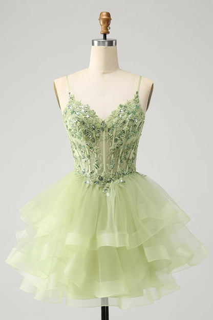 Amzcw Sparkly Light Green A Line Spaghetti Straps Corset Short Tiered Homecoming Dress