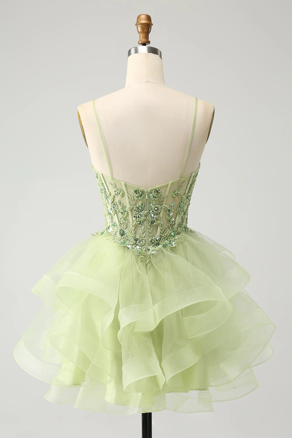 Amzcw Sparkly Light Green A Line Spaghetti Straps Corset Short Tiered Homecoming Dress
