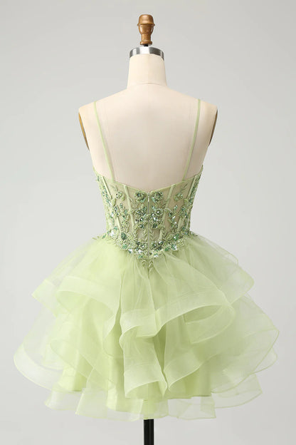 Amzcw Sparkly Light Green A Line Spaghetti Straps Corset Short Tiered Homecoming Dress