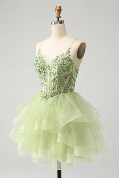Amzcw Sparkly Light Green A Line Spaghetti Straps Corset Short Tiered Homecoming Dress