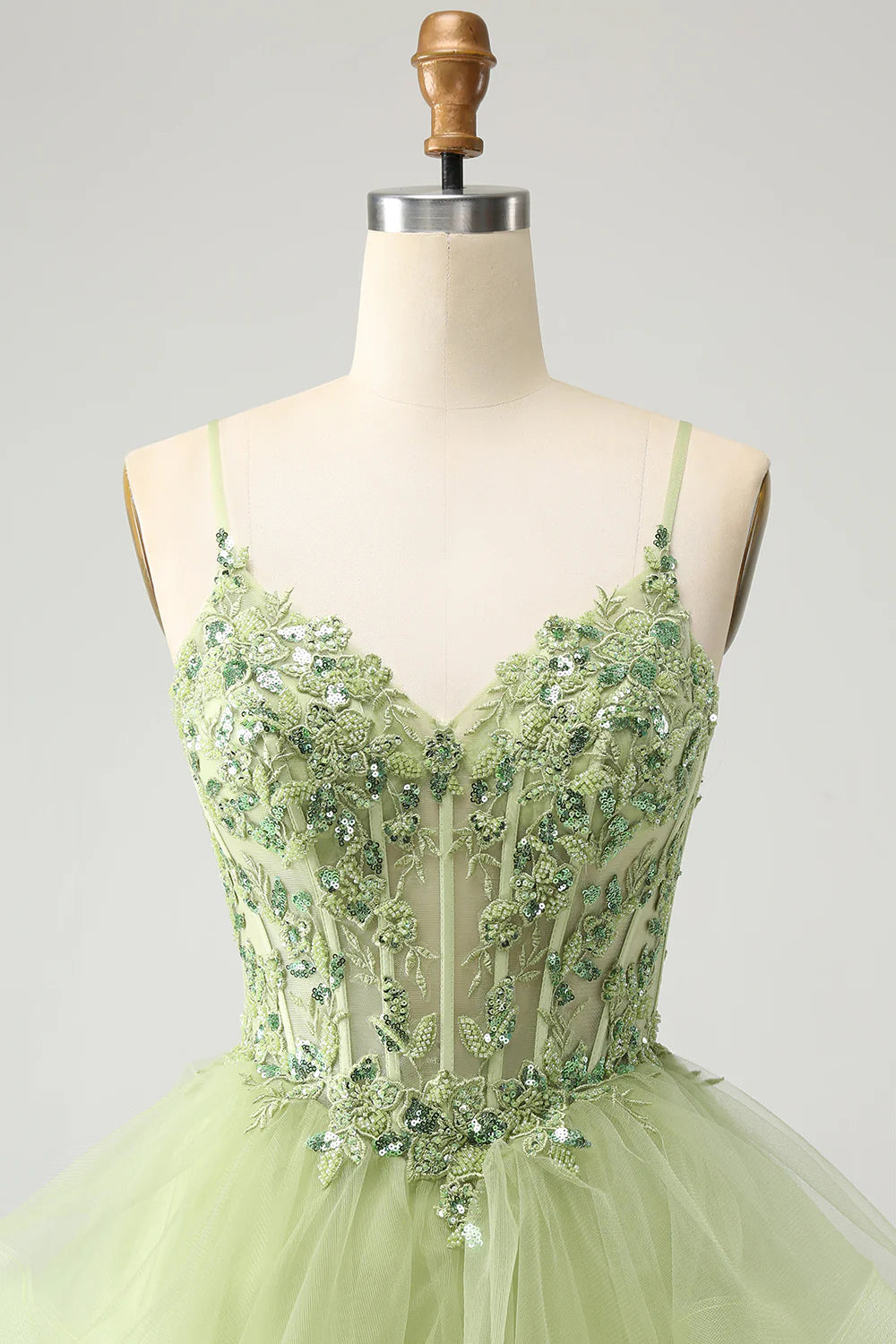 Amzcw Sparkly Light Green A Line Spaghetti Straps Corset Short Tiered Homecoming Dress