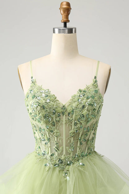 Amzcw Sparkly Light Green A Line Spaghetti Straps Corset Short Tiered Homecoming Dress