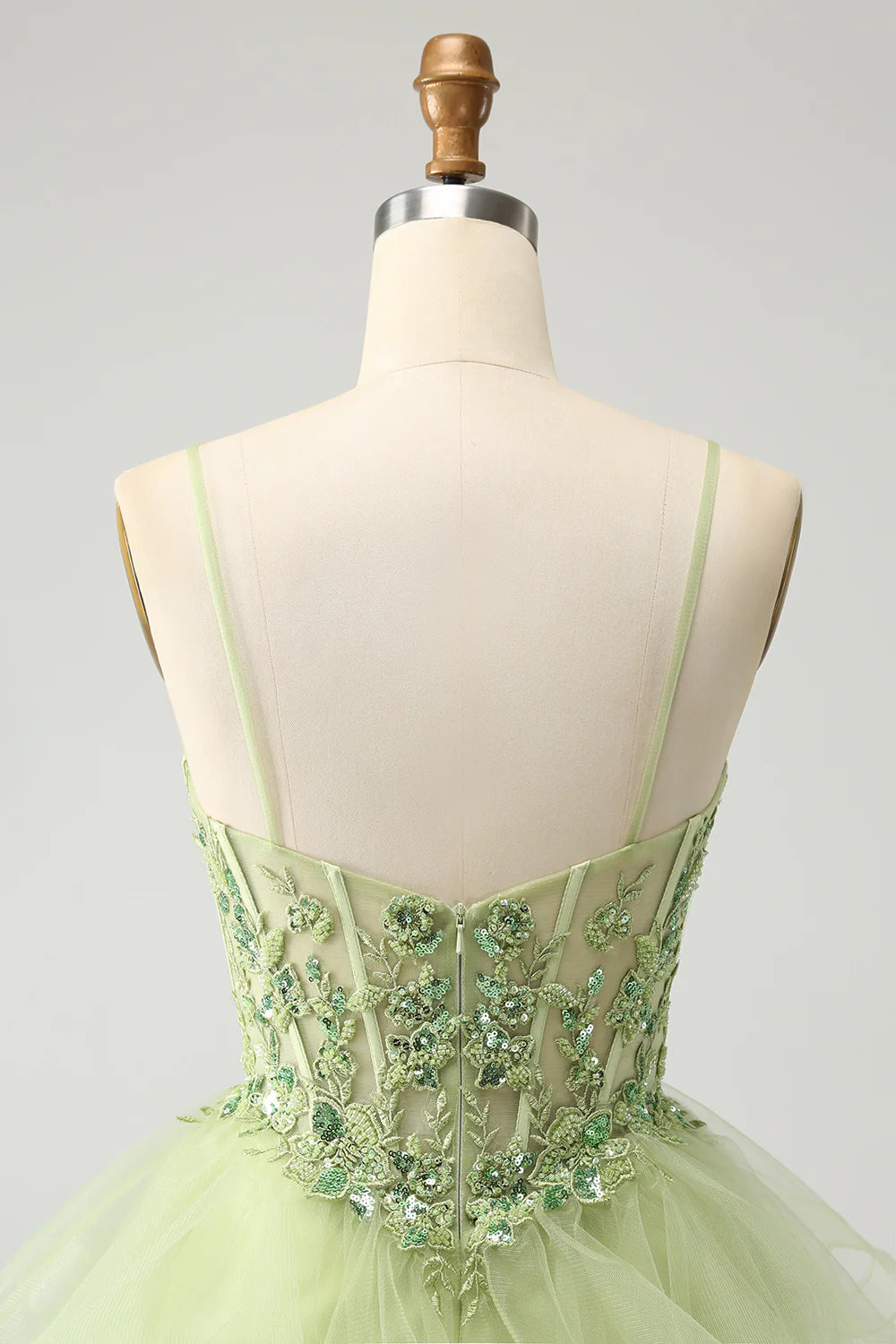 Amzcw Sparkly Light Green A Line Spaghetti Straps Corset Short Tiered Homecoming Dress