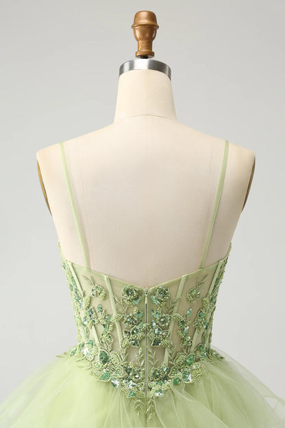 Amzcw Sparkly Light Green A Line Spaghetti Straps Corset Short Tiered Homecoming Dress