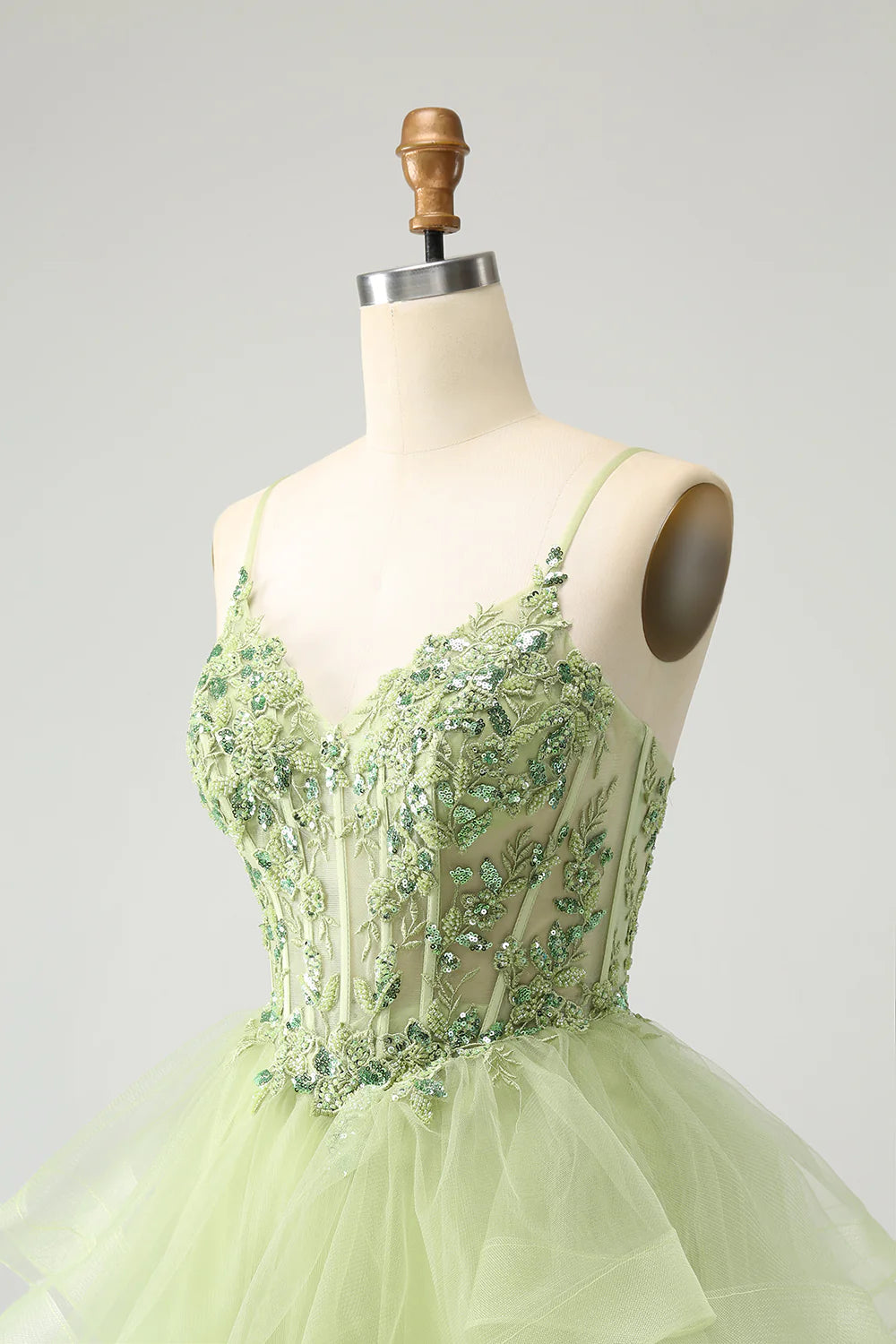 Amzcw Sparkly Light Green A Line Spaghetti Straps Corset Short Tiered Homecoming Dress