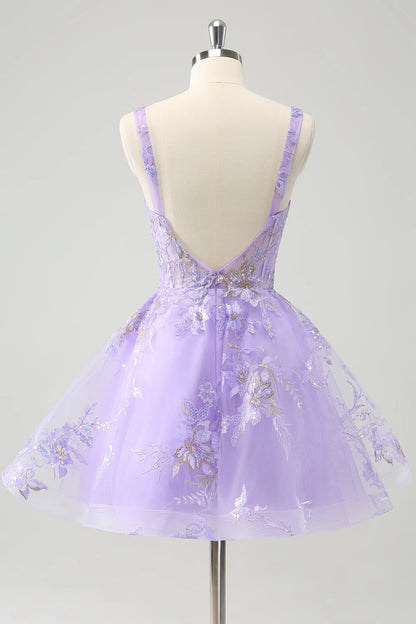 Amzcw Sparkly Lilac A Line Spaghetti Straps Sequins Corset Short Appliqued Homecoming Dress