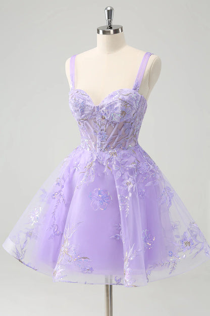 Amzcw Sparkly Lilac A Line Spaghetti Straps Sequins Corset Short Appliqued Homecoming Dress