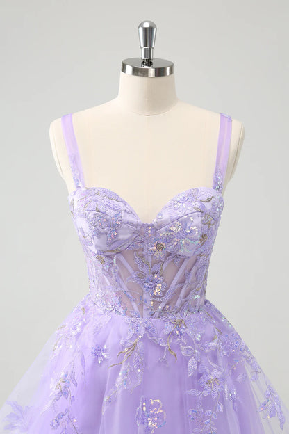 Amzcw Sparkly Lilac A Line Spaghetti Straps Sequins Corset Short Appliqued Homecoming Dress