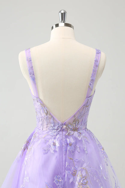 Amzcw Sparkly Lilac A Line Spaghetti Straps Sequins Corset Short Appliqued Homecoming Dress