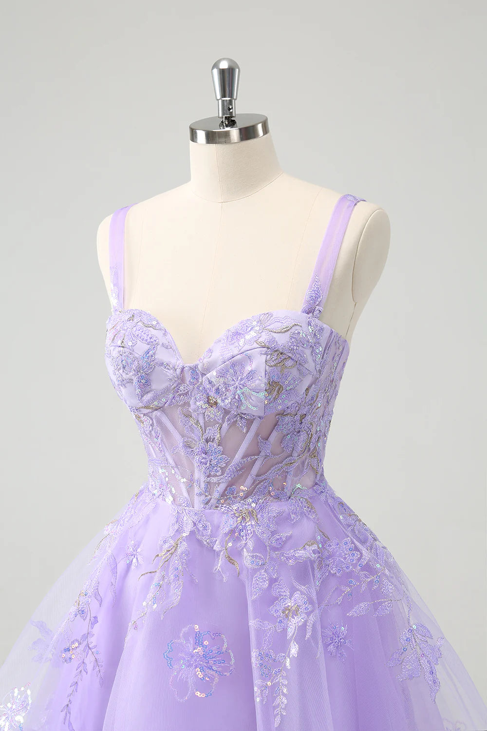 Amzcw Sparkly Lilac A Line Spaghetti Straps Sequins Corset Short Appliqued Homecoming Dress